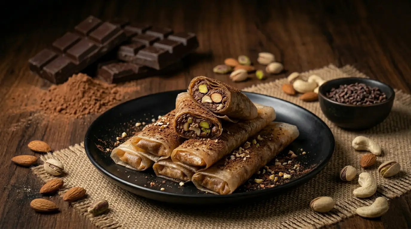 Chocolate Dry Fruit Pootharekulu with almonds cashews pistachios fusion Andhra sweet