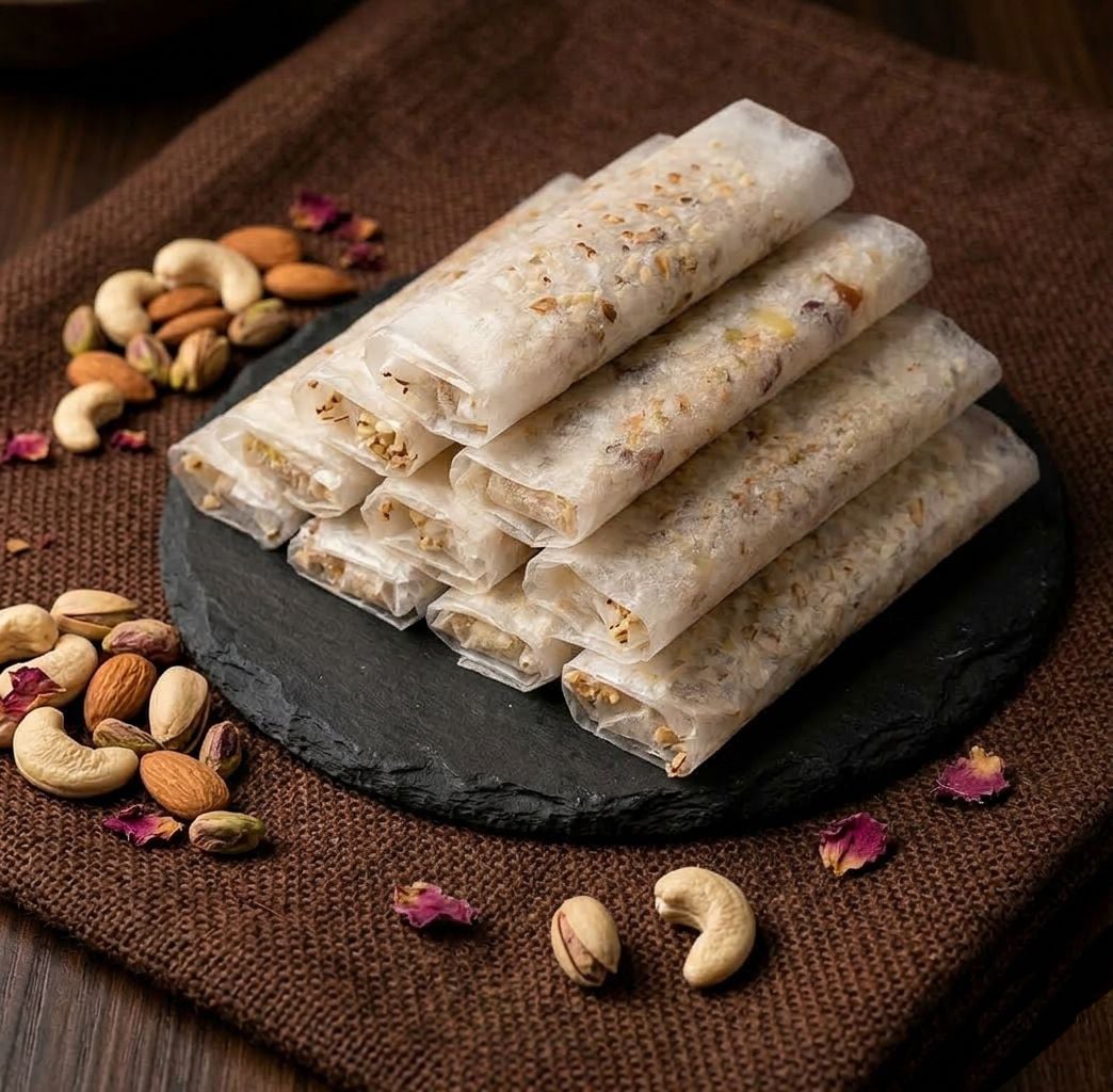 Dry Fruit Pootharekulu with almonds cashews pistachios from Atreyapuram Andhra Pradesh