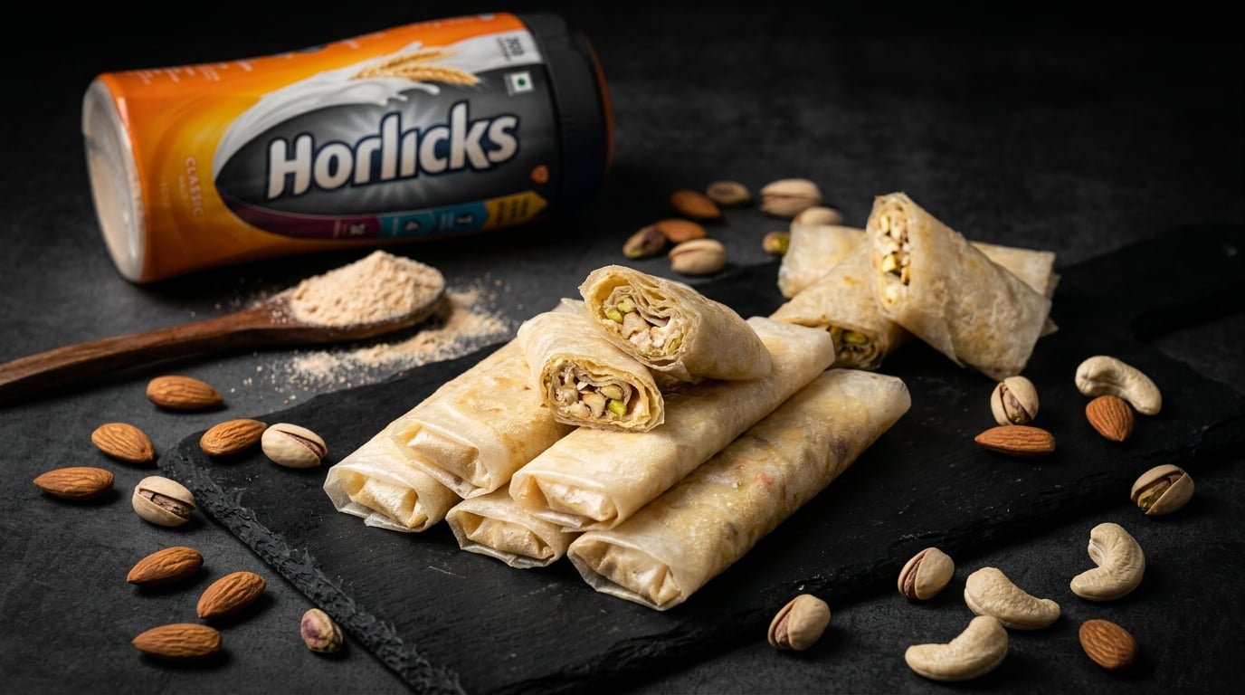 Horlicks Dry Fruit Pootharekulu malt filled Atreyapuram sweet with almonds pistachios cashews