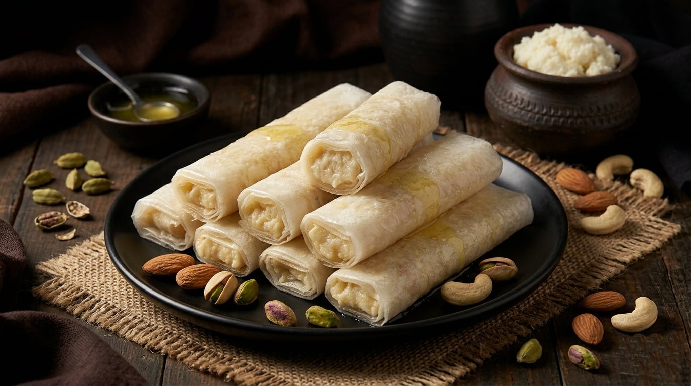 Kova Dry Fruit Pootharekulu khoya milk sweet almonds cashews pistachios traditional Atreyapuram sweet