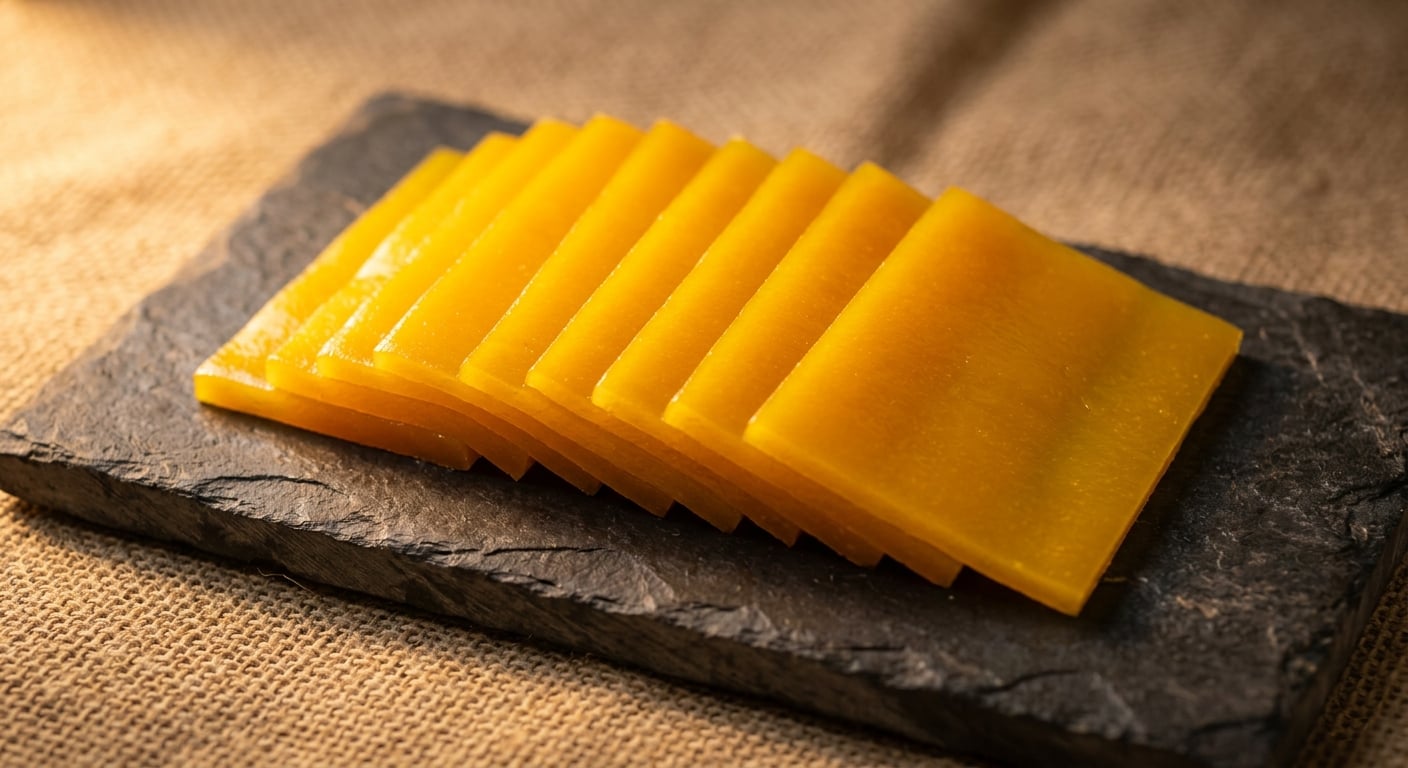 Mamidi Tandra mango jelly sugar variant golden yellow fruit leather traditional Andhra sweet from Atreyapuram