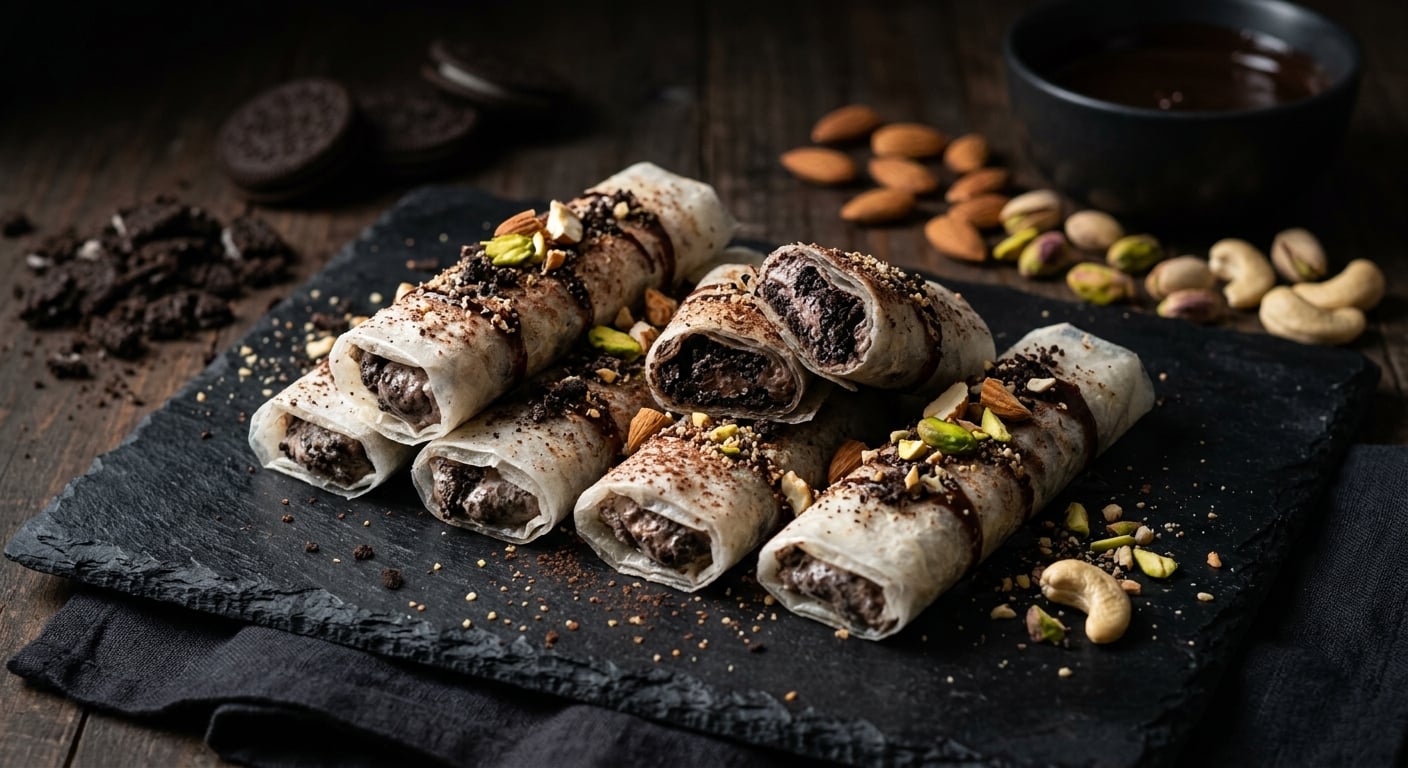 Oreo Dry Fruit Pootharekulu cookies cream almonds cashews pistachios fusion Atreyapuram sweet