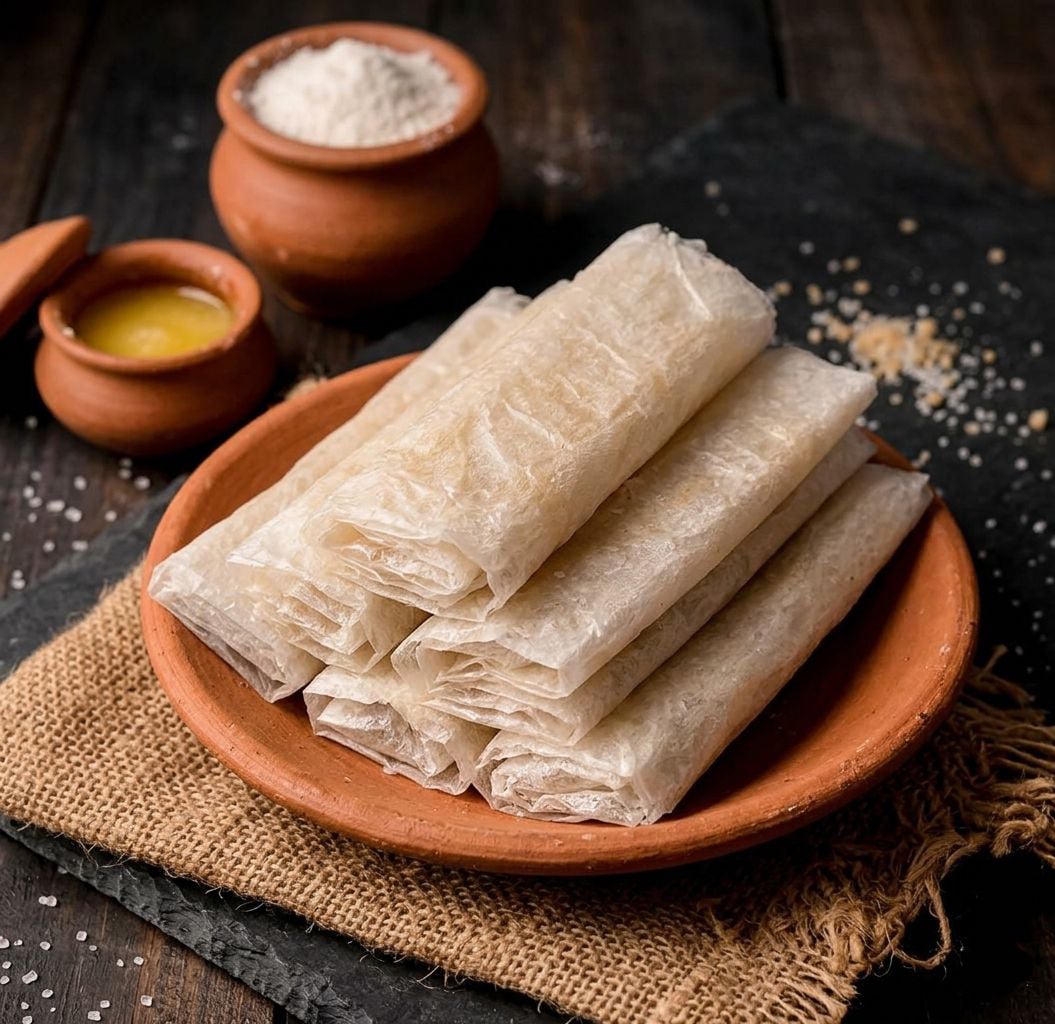 Traditional Atreyapuram Pootharekulu sweet with powdered sugar filling on terracotta plate